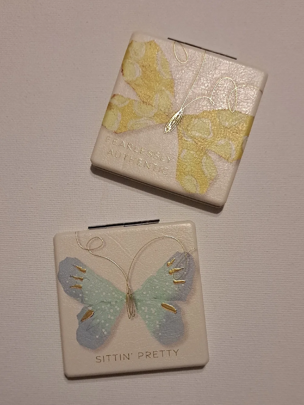 Bundle of 2 Butterfly Compact Mirrors - Yellow & Mint with Gold Detailing